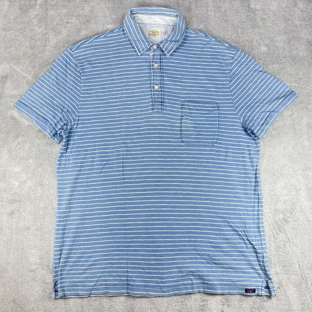 Faherty Polo Shirt Men's 2XL Blue Indigo Dyed Striped Performance Short Sleeve